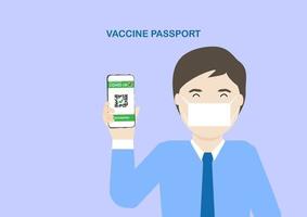 maschio adulto che mostra il passaporto del vaccino dopo la vaccinazione covid-19 vettore