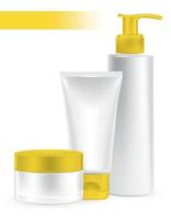 composizione di contenitori di imballaggio colore giallo, crema, set di prodotti di bellezza.