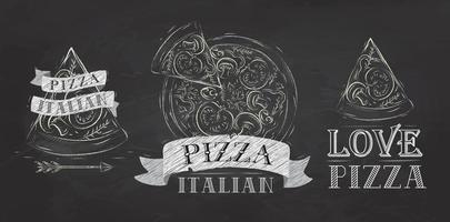 simbolo della pizza, icone e una fetta di pizza con il disegno stilizzato italiano di iscrizione con il gesso sulla lavagna vettore