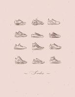 scarpe da uomo diversi tipi di scarpe da ginnastica set disegno in stile vintage su sfondo color pesca