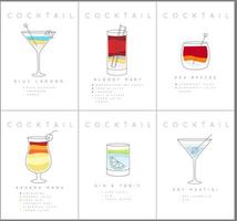 set di poster di cocktail piatti laguna blu, bloody mary, breese di mare, gin tonic, martini secco disegno su sfondo bianco vettore