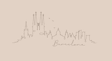 silhouette città barcellona in stile linea penna disegno con linee marroni su sfondo beige vettore