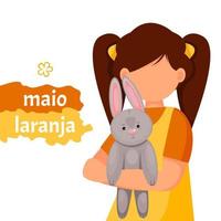 maio laranja campagna contro la ricerca sulla violenza sui bambini. scritto in portoghese. banner maio laranja di bambina con coniglietto. vettore