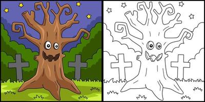 illustrazione della pagina di colorazione di halloween dell'albero spaventoso vettore