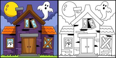 illustrazione della pagina da colorare di halloween della casa stregata vettore
