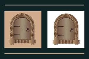 vecchia finestra ad arco in legno, finestra chiusa, realizzata con assi di legno con cerniere in ferro vettore