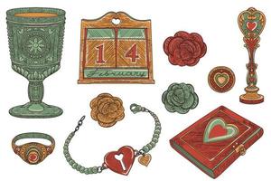 magia dell'amore vintage, set di oggetti decorativi nella tendenza della vecchia scuola, illustrazione disegnata a mano