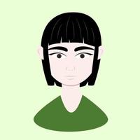 cartone animato ritratto di razza diversa donna. bella ragazza asiatica con capelli neri su sfondo verde. diversità etnica e tolleranza. illustrazione vettoriale in stile cartone animato piatto.