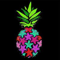 illustrazione vettoriale di ananas. ananas di stelle marine colorate su sfondo nero. tema marino, illustrazione per il design di t-shirt, biglietto di auguri, invito.