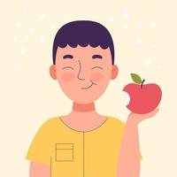 ragazzo sorridente carino che mangia una mela. merenda scolastica, cibo sano, dieta a base di frutta, vitamine per bambini. illustrazione di riserva del fumetto di vettore piatto