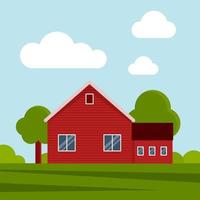 casa colonica di campagna su un prato verde, costruzione agricola. illustrazione vettoriale piatta su uno sfondo di cielo blu con nuvole