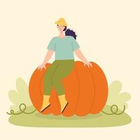 contadina adulta con una grande zucca. concetto di raccolta, vegetarianismo, cibo sano, prodotti agricoli, vitamine. fiera con i prodotti del villaggio. illustrazione del fumetto piatto isolata su sfondo chiaro vettore