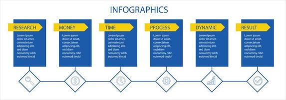 design infografico vettoriale con icone. 6 opzioni o 6 passaggi. diagramma di processo, diagramma di flusso, grafico informativo, infografica per il concetto di business, banner per presentazioni, layout del flusso di lavoro.