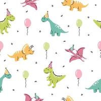 Reticolo senza giunte con la festa di compleanno dei dinosauri. simpatico personaggio dino cartone animato per bambini. vettore