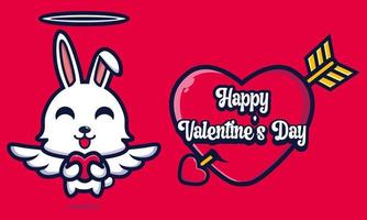 simpatico coniglio che abbraccia un cuore con auguri di buon San Valentino vettore