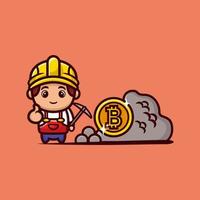 vettore premium di design del personaggio dei cartoni animati del minatore bitcoin carino