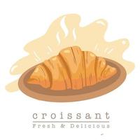 singolo croissant croccante sul piatto di legno. croissant deliziosi e freschi su sfondo bianco. croissant isolati. illustrazione vettoriale per negozio di panetteria, ristorante, caffetteria.