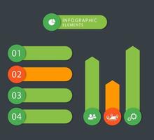 elementi di infografica business moderno, etichette passo, 1 2 3 4, grafici, verde, arancione, grigio scuro vettore