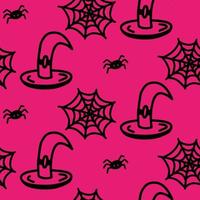 vettore halloween modello senza cuciture di cappello da strega, ragno, ragnatela. illustrazione divertente e carina per design stagionale, tessile, decorazione sala giochi per bambini o biglietto di auguri. stampe disegnate a mano e doodle.