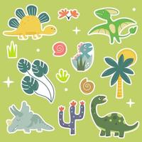 collezione di dinosauri colorati e cartoni animati. set di adesivi, loghi, badge o etichette. illustrazione vettoriale isolato in stile piatto.