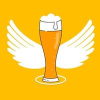 un bicchiere di birra chiara con le ali bianche sul retro. immagine vettoriale isolato su sfondo arancione