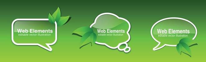 icone web verdi, bolle di chat primaverili con foglie, badge verdi vettoriali 3d.