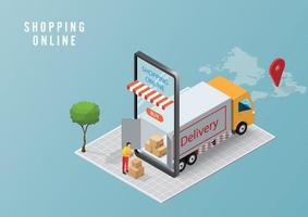 concetto di servizio di consegna online, monitoraggio degli ordini online, consegna logistica a casa e ufficio su dispositivo mobile. illustrazione vettoriale