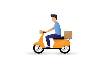 uomo di consegna ride scooter moto cartone animato. consegna espressa. illustrazione vettoriale