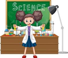 personaggio dei cartoni animati dello scienziato con oggetti di laboratorio di scienze vettore