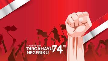 17 agosto. cartolina d'auguri di felice festa dell'indipendenza dell'indonesia con le mani serrate, simbolo dello spirito di libertà. utilizzare per banner e sfondo. - vettore
