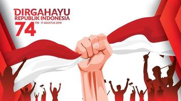 17 agosto. cartolina d'auguri di felice festa dell'indipendenza dell'indonesia con le mani serrate, simbolo dello spirito di libertà. utilizzare per banner e sfondo. - vettore