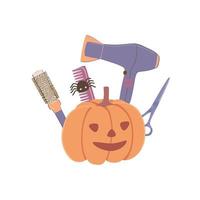 accessori per parrucchieri e zucca, pettine, forbici. felice giorno di halloween, strumenti da barbiere in una graziosa composizione festiva. il vettore è adatto per pubblicità e decorazioni.