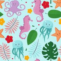 animali subacquei e foglie tropicali senza cuciture. concetto estivo. carino illustrazione vettoriale in stile cartone animato