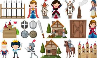 set di edifici di personaggi medievali vettore