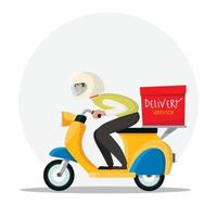 fattorino che guida un'illustrazione gialla dello scooter. uomo delle consegne di cibo, illustrazione vettoriale