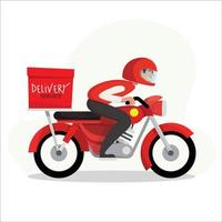 uomo di consegna che guida un'illustrazione rossa dello scooter. uomo delle consegne di cibo, illustrazione vettoriale