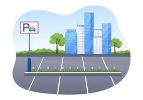 servizio di parcheggio e riconsegna auto con immagine del biglietto e più auto nel parcheggio pubblico in un'illustrazione del fumetto di sfondo piatto vettore