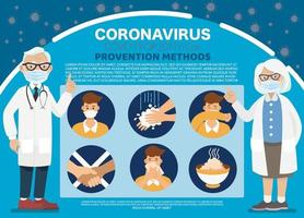 prevenzioni del coronavirus. il medico spiega le infografiche, indossa una maschera per il viso, lava le mani, mangia cibi caldi ed evita di andare in luoghi a rischio. illustrazione vettoriale. idea per l'epidemia di coronavirus e la prevenzione. vettore