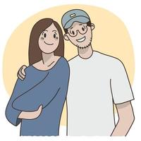ritratto di giovane coppia sorridente di uomo e donna, abbraccio sulle spalle. illustrazione vettoriale d'archivio in stile piatto.