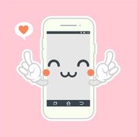 design piatto per smartphone carino e kawaii, personaggio dei cartoni animati del telefono cellulare. icona dell'illustrazione del carattere kawaii del fumetto della linea piatta vettoriale. telefono cellulare, smartphone con il concetto di app per la faccia del personaggio vettore