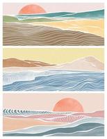 set di stampe creative e minimaliste moderne. astratto ocean wave sfondi estetici contemporanei paesaggi. con mare, orizzonte, onda. illustrazioni vettoriali