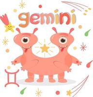 Gemelli del mostro dello zodiaco simpatico cartone animato. sullo sfondo di attributi cosmici, stelle, stella cadente, segno zodiacale. ottima stampa per i vestiti dei bambini. cartolina di congratulazioni. vettore