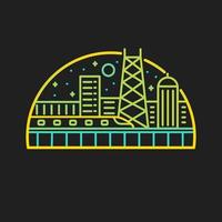 un treno attraversa una torre della città di notte, design della linea mono, design per t-shirt, badge, adesivo, ecc vettore