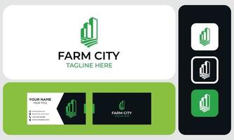 pacchetto di biglietti da visita e design del logo. giardino urbano, design del logo della fattoria della città in stile moderno. illustrazione vettoriale. vettore