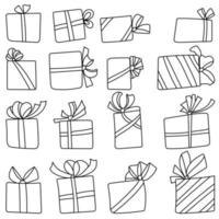 set di scatole regalo doodle con nastri e fiocchi, contorni di regali per natale o compleanno, pagina da colorare vettoriale