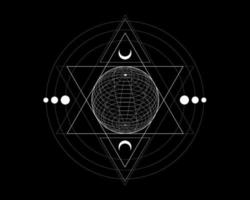 simbolo mistico della geometria sacra. alchimia magica sfera wireframe, occulto, segno filosofico. per copertina di album musicali, poster, design sacramentale. astrologia, concetto di religione. vettore isolato su nero