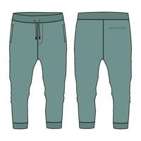 felpa in jersey di cotone pantaloni sportivi jogger basic moda tecnica disegno piatto illustrazione vettoriale modello colore verde viste anteriore e posteriore isolate su sfondo bianco.