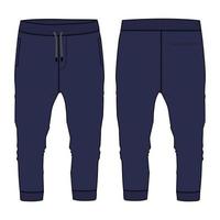 felpa in jersey di cotone pantaloni sportivi jogger basic moda tecnica disegno piatto illustrazione vettoriale modello colore blu viste anteriore e posteriore isolate su sfondo bianco.