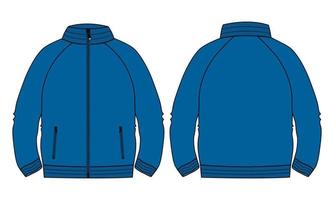 giacca a maniche lunghe con tasca e cerniera tecnica moda disegno piatto illustrazione vettoriale modello di colore blu. giacca felpa in jersey di pile per uomo e bambino