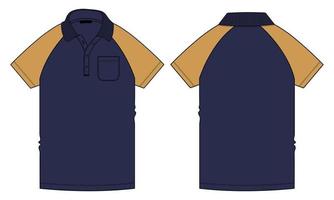 polo a maniche corte raglan di colore blu navy e giallo bicolore, moda tecnica, schizzo piatto, illustrazione vettoriale, modello, vista anteriore e posteriore, isolato su sfondo bianco. vettore